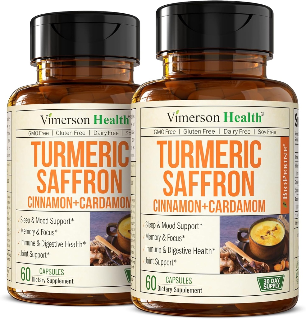 Saffron Supplements – 89mg Saffron Extract and 1000mg Tumeric Blend – Turmeric Supplement with Ceylon Cinnamon and Cardamom for Mood, Memory & Eye Health – Joint Supplements for Women & Men – 2 Pack