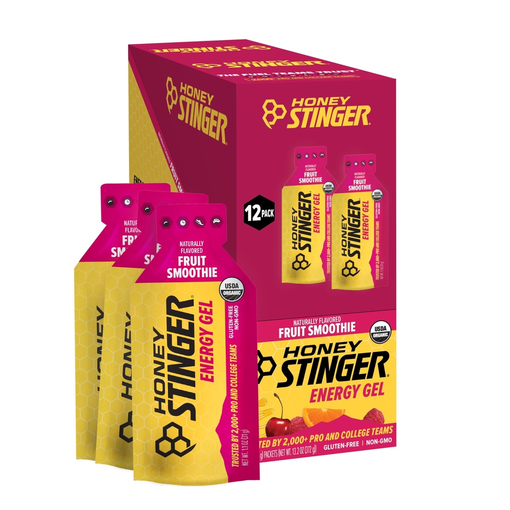 Honey Stinger Organic Fruit Smoothie Energy Gel, Gluteenivaba ja kofeiinivaba, treeninguks, jooksmiseks ja jõudluseks, spordi toitumine kodus ja jõusaalis, Pre ja keskmine treening, 12 Pack, 13,2 Ounce