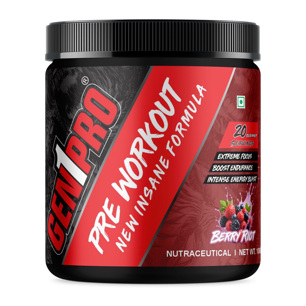 Pre Workout Powder – New Insane Formula for Energy, Focus, Endurance & Muscle Pump | 200mg Caffeine, 3.5g Beta-Alanine, Creatine, Amino Acids & Vitamins | Sugar Free Sports Nutrition Supplement [Berry Riot, 15 Servings, 100g]