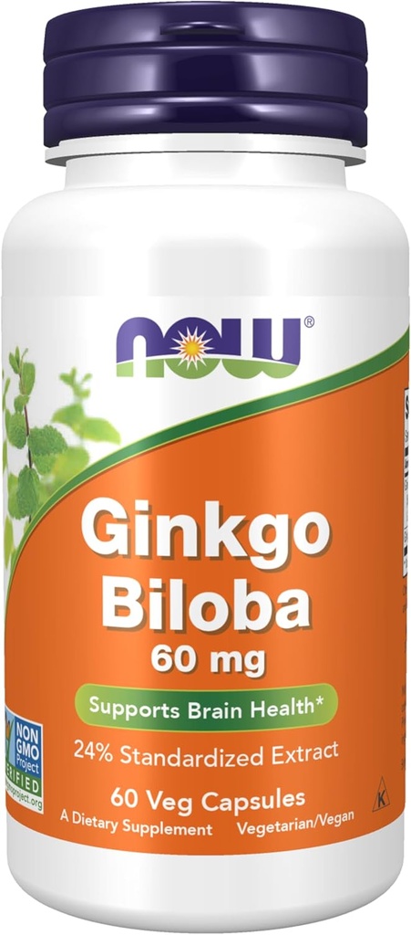 NOW Foods Supplements, Ginkgo Biloba 60 mg, 24% Standardized Extract, Non-GMO Project Verified, 60 Veg kapslid