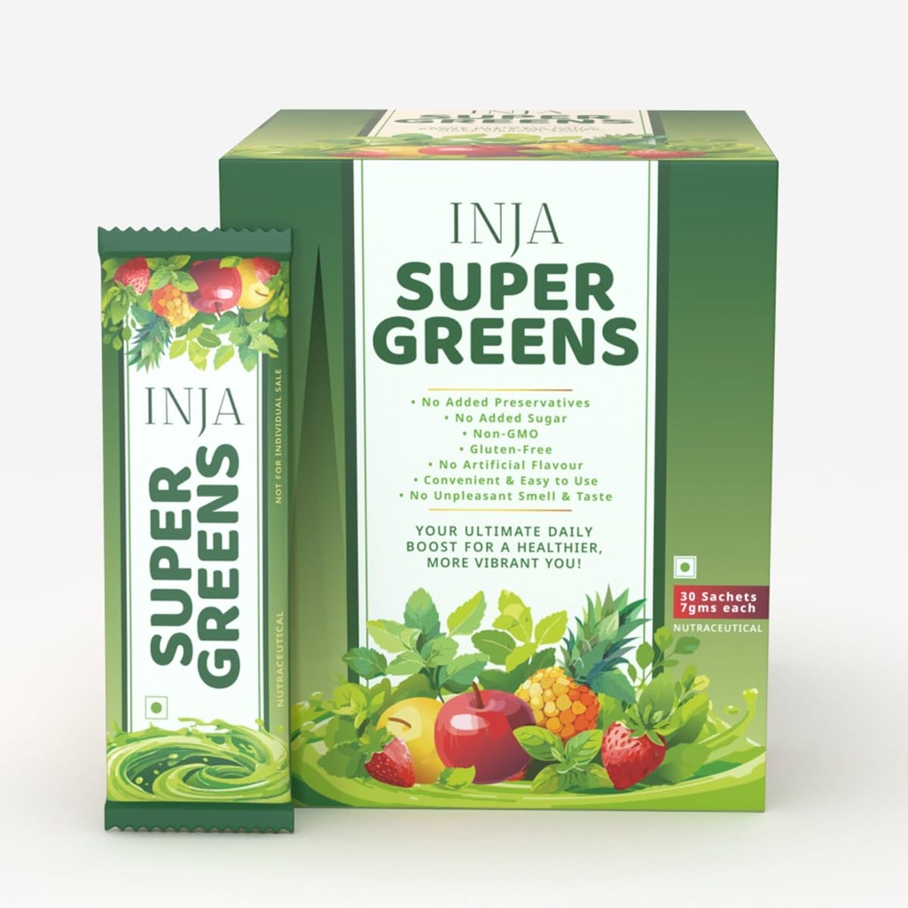 INJA Super Greens - Complete Daily Greens for Men & Women, 40+ Vitamins, Minerals Superfoods, Adaptogens & Antioxidants for Immunity, Energy, Detox, Gut Health, 30 Sachets