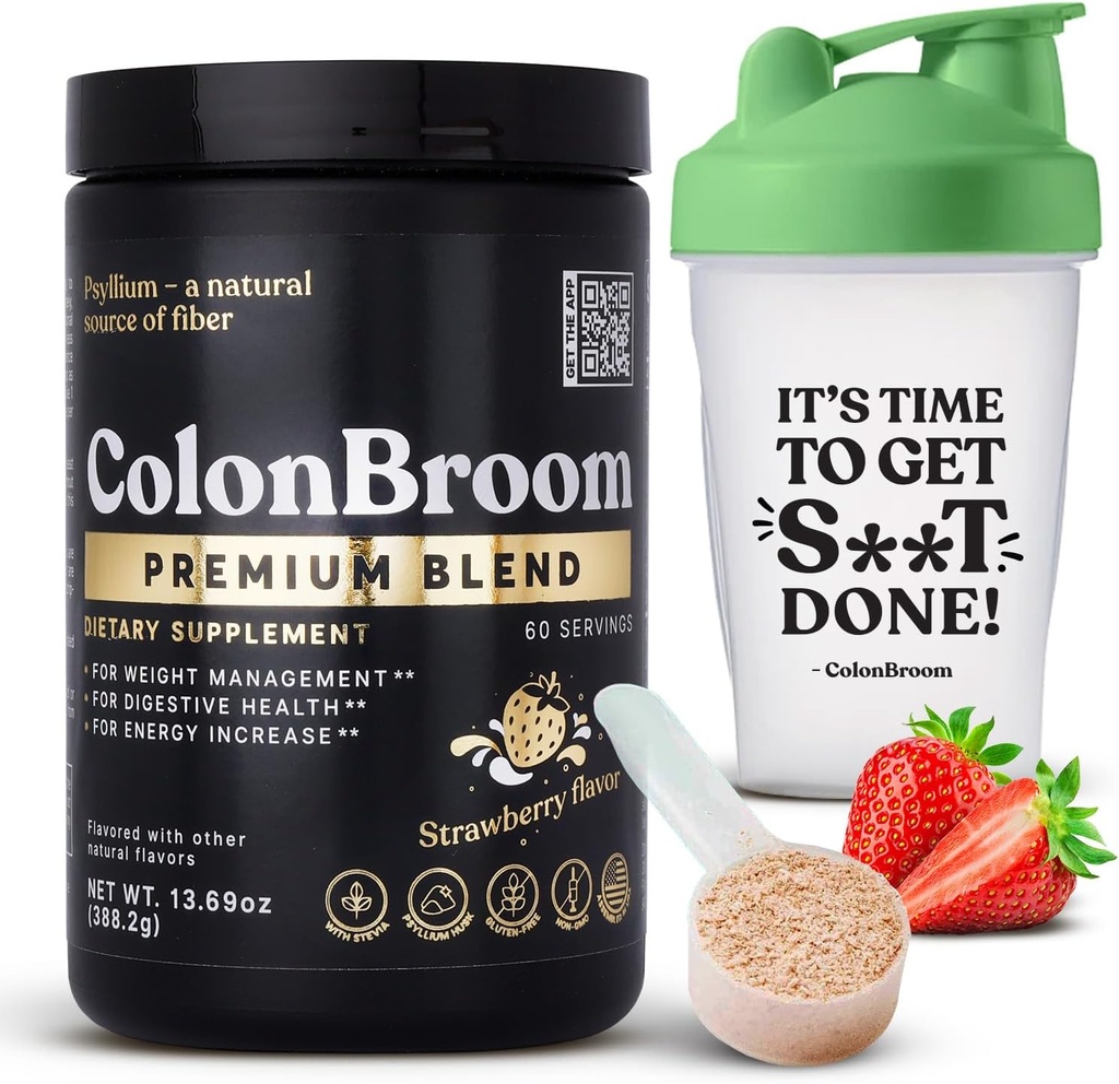 ColonBroom Premium Psyllium Husk Powder (Maasikas, 60 Servings) + Shaker Pudel Colon Broom Fiber joogipakend - Colon Cleanse puhumiseks Abi ja soolestiku Tervis - Fiber Powder Supplement