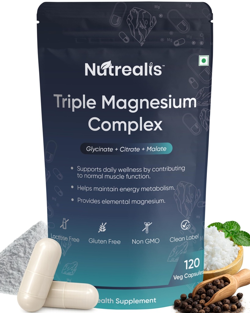 Triple Magnesium Complex | 120 Veg Capsules | Magnesium Glycinate, Citrate & Malate with Zinc | High Absorption Magnesium Supplement for Sleep, Muscle, Stress & Energy Support