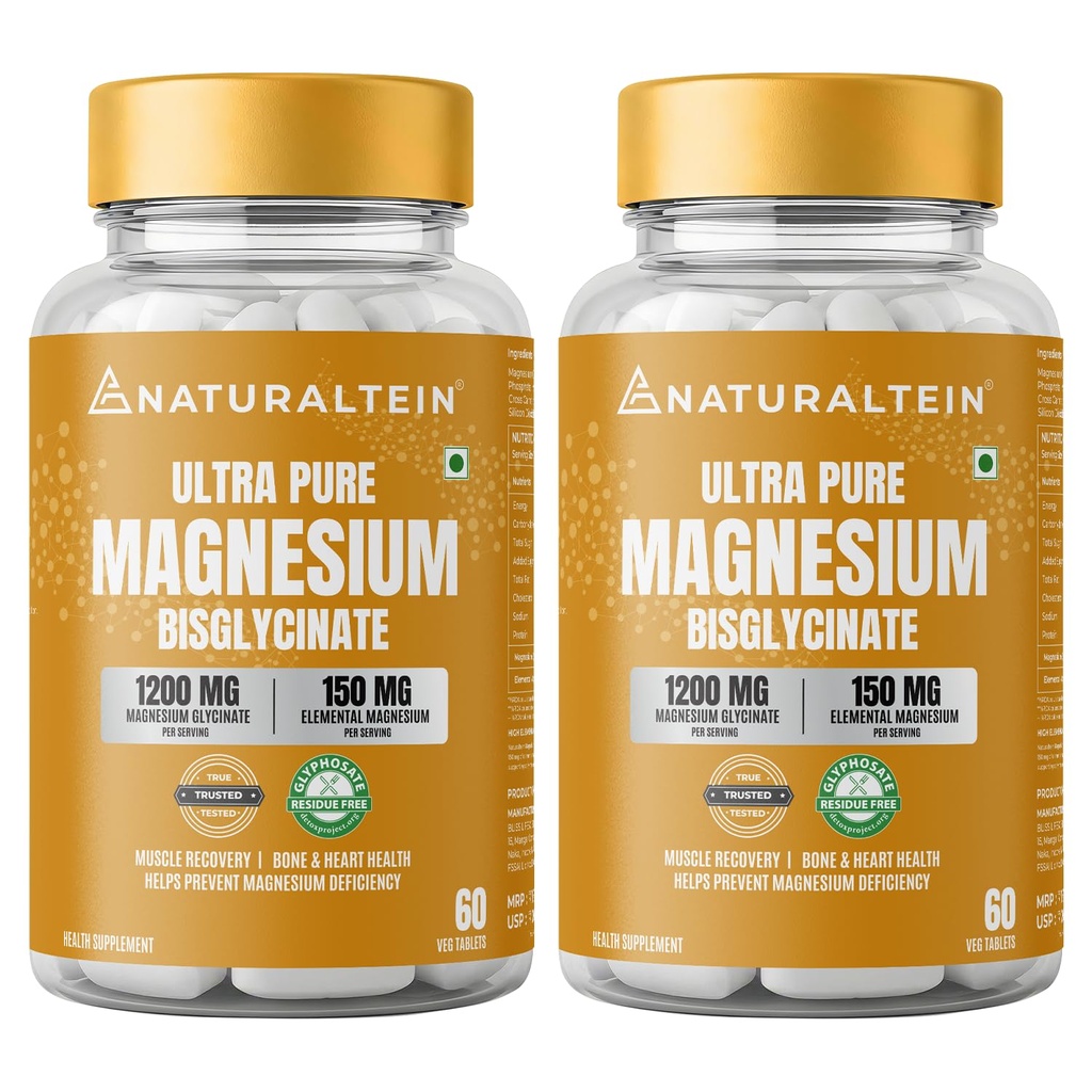 Naturaltein Magnesium Glycinate 1200mg (150mg Elemental) | Chelated High Absorption Magnesium Supports Sleep Quality & Muscle Relaxation | Glyphosate Tested | 120 Tablets