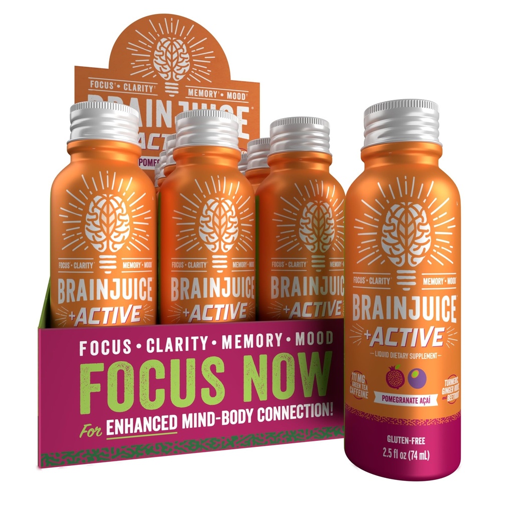 BrainJuice Active Focus & Energy Drink Shots, toetab vastupidavust, taastumist ja selgust, mitte-GMO, gluteenivaba, nootroopika, alfa GPC, B vitamiinid ja orgaaniline roheline tee, granaatõuna Acai, 2,5 fl oz, 12 Pack