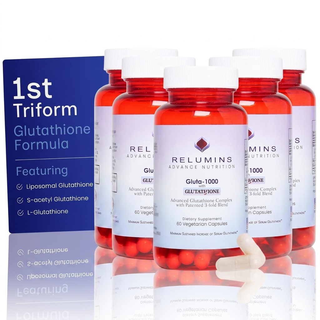 Relumiinid L Glutatioonilisandi kompleks - vähendatud glutatioon 1000mg alfa-lipohappe ja roosi HIPS-kapslid toidetud ja pehme naha jaoks, 60 kapslit x 5 pudelit