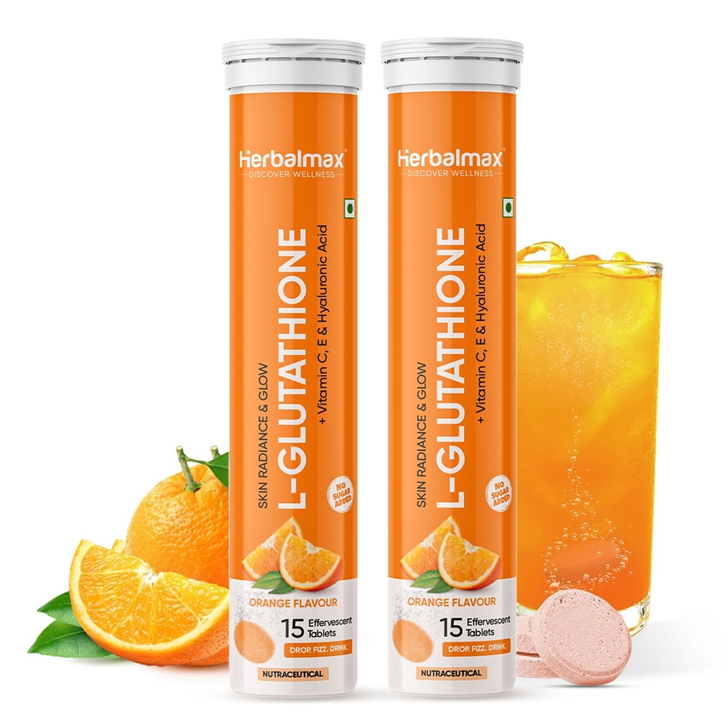 Herbal Max Glutathione Effervescent Tablets – 30N Packed with Vitamin C, Hyaluronic Acid & Biotin to Support Healthy Hair, Skin & Nails for a Natural Glow & Boost Hydration (Pack of 2, Orange)
