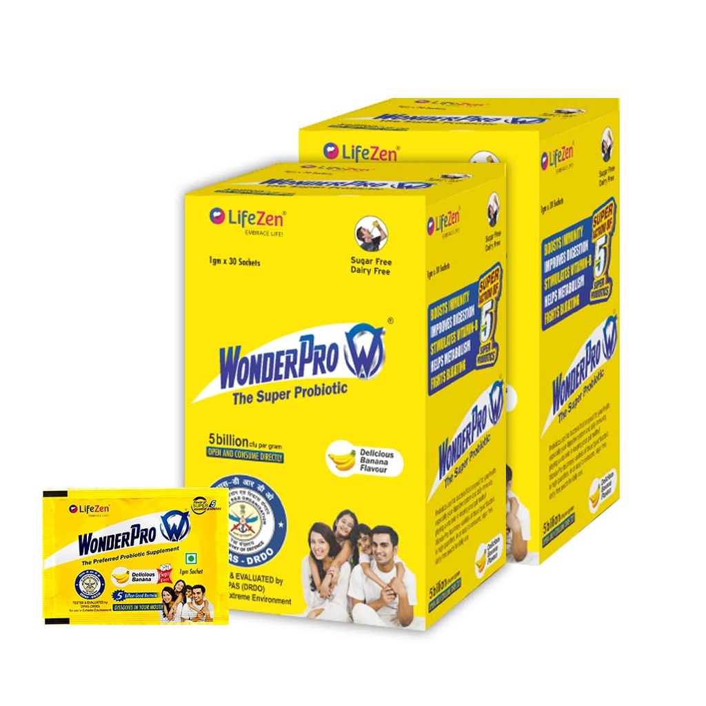 Wonderpro Probiotics Supplement 5 Billion CFU (Pack of 2), Gut Health Supplements with Probiotic | Good for Digestion, Reduce Bloating l No Gluten & No lactose | Sugarfree 30 Sachet (1gm Each Sachet)
