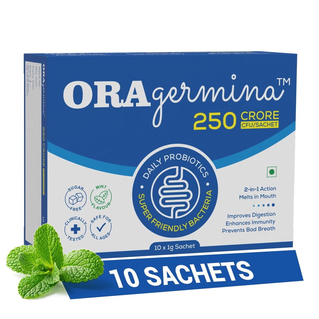 Daily Probiotics 250 Crore CFU per sachet | Super friendly bacteria that prevents Sore Throat, Cough, Oral Infections & Bad Breath | Sugar-Free, Mint Flavour | Clinically Tested | 10 x 1g Sachets