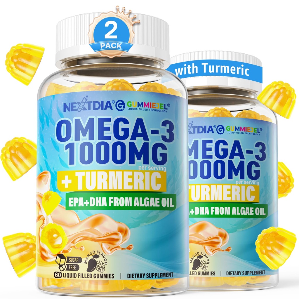 Vegan Omega-3 Gummies 1000mg + kurkum - omega 3 kalaõli Alternatiivne täiskasvanutele - vetikad DHA 600mg & EPA 300mg, vitamiinid A, C, E, Tsink & MSM, suhkruvaba, 120 Cts