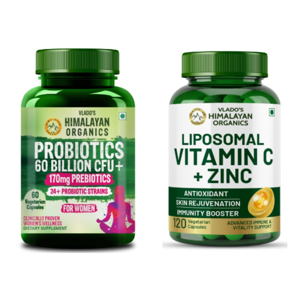 Vlado's Himalayan Organics Probiotics 60 Billion CFU + Liposomal Vitamin C 1000mg with Zinc | Gut, Digestive, Immune, Skin & Daily Wellness Support | Veg Supplement Combo