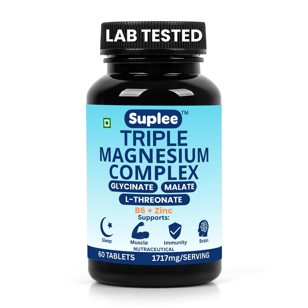 Suplee Triple Magnesium Complex Supplement with Magnesium Glycinate, L-Threonate & Malate | With Zinc & Vitamin B6 for Sleep, Muscle, & Brain Support | 60 Tablets