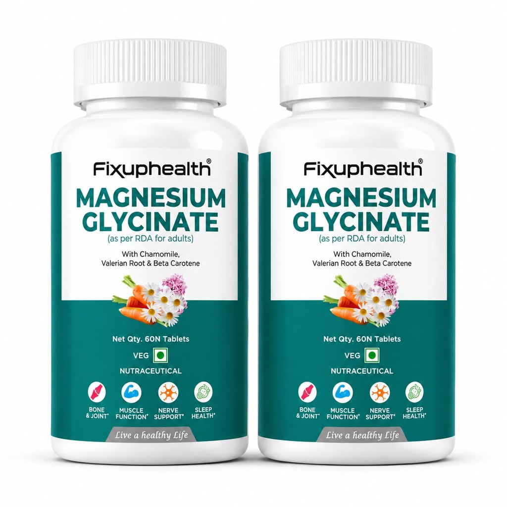 Fixuphealth Magnesium Glycinate Supplement 60 Tablets | High Absorption Magnesium Bisglycinate 370mg Elemental | Supports Sleep, Muscle Cramps, Nerve Health, Bone & Joint Support (Pack of 2)