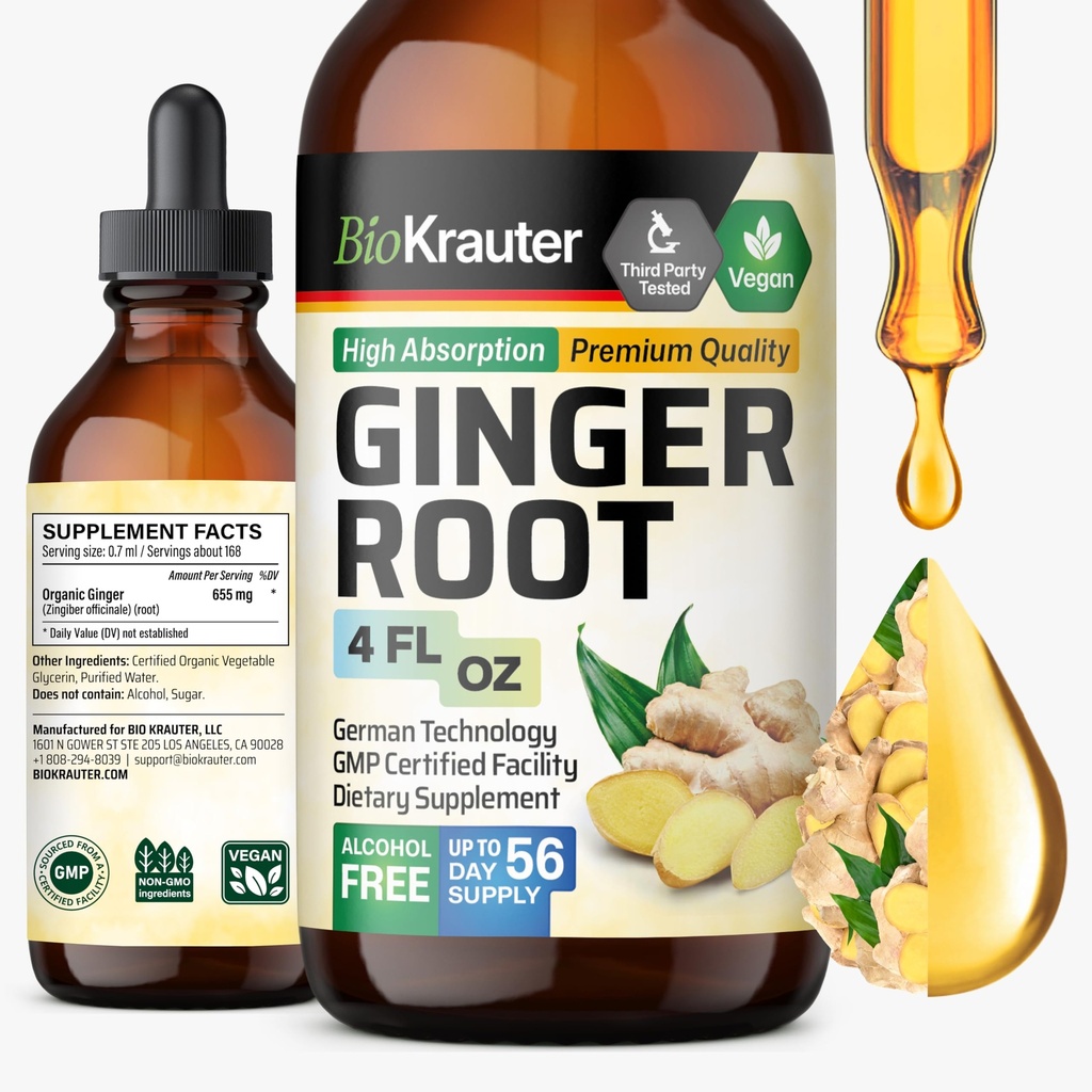 BIO KRAUTER ingveri juureekstrakt - looduslikud ingverilisandid üldisele heaolule - alkohol ja suhkruvaba - vegan langeb 4 Fl.Oz.