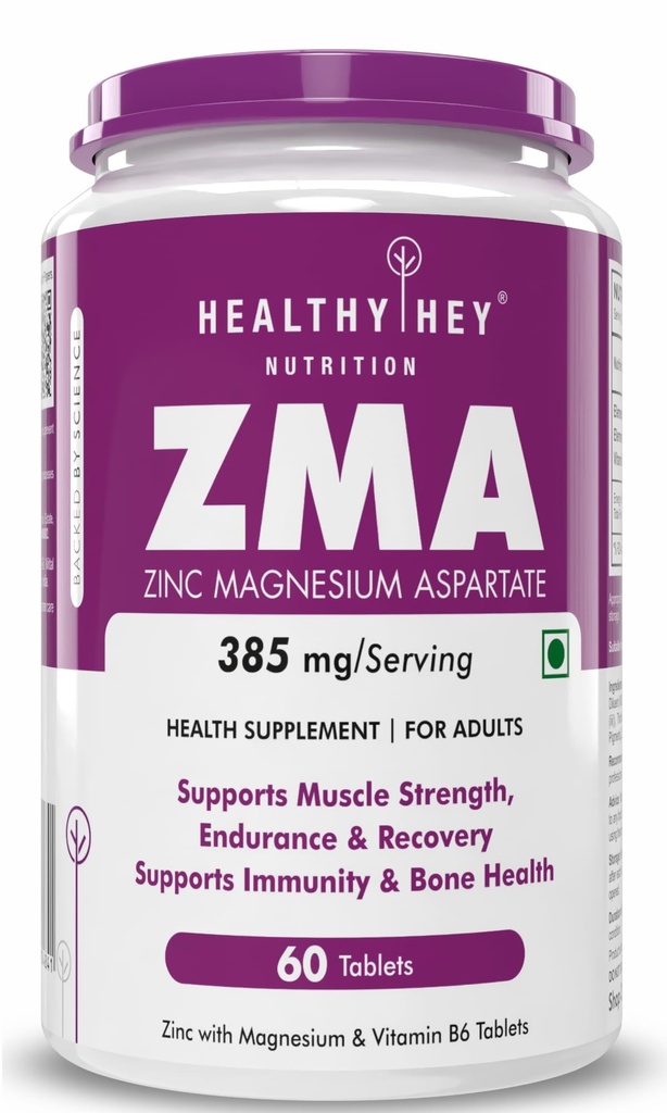 HealthyHey Nutrition ZMA and Zinc Supplement for Men & Women | Zinc and Magnesium Aspartate Supplements | Zinc tablets May Support Muscle Recovery and Sleep Quality (60 Tablets)