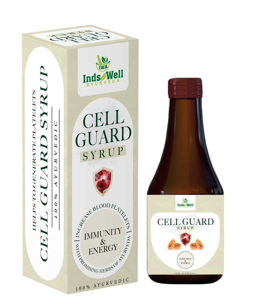 IndsWell Ayurveda Cell Guard Syrup | Herbal Platelet & Immunity Booster | Papaya Leaf, Giloy, Ashwagandha & More | 200 ml