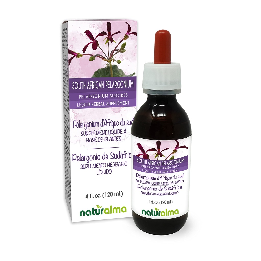 Naturalma Lõuna-Aafrika Pelargonium või Umckaloaba (Pelargonium sidoides) Juure Alkoholivaba tinktuur - 4 fl oz Vedel ekstrakt tilkades - Taimne täiendus - Vegan