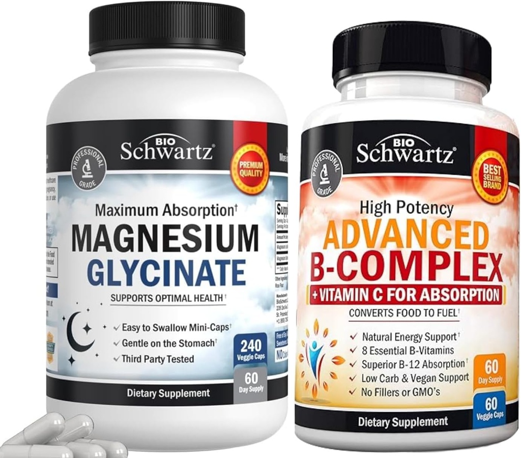 BioSchwartz Kõrge imendumine Magneesiumglütsinaat 500mg kapslid (2 kuu tarne) Plus B-vitamiini kompleks C-vitamiini (2 kuu tarne)