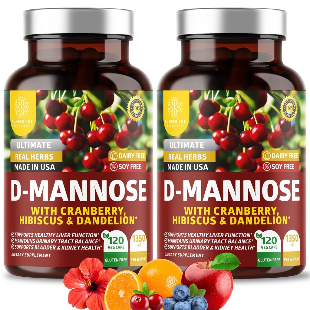 Number One Nutrition Premium D Mannoosi lisand naistele ja meestele [Max Strength, 1350MG] Looduslik D-Mannoos Jõhvika, Hibiskuse ja Dandelioniga kuseteede tervise jaoks, 240 Count