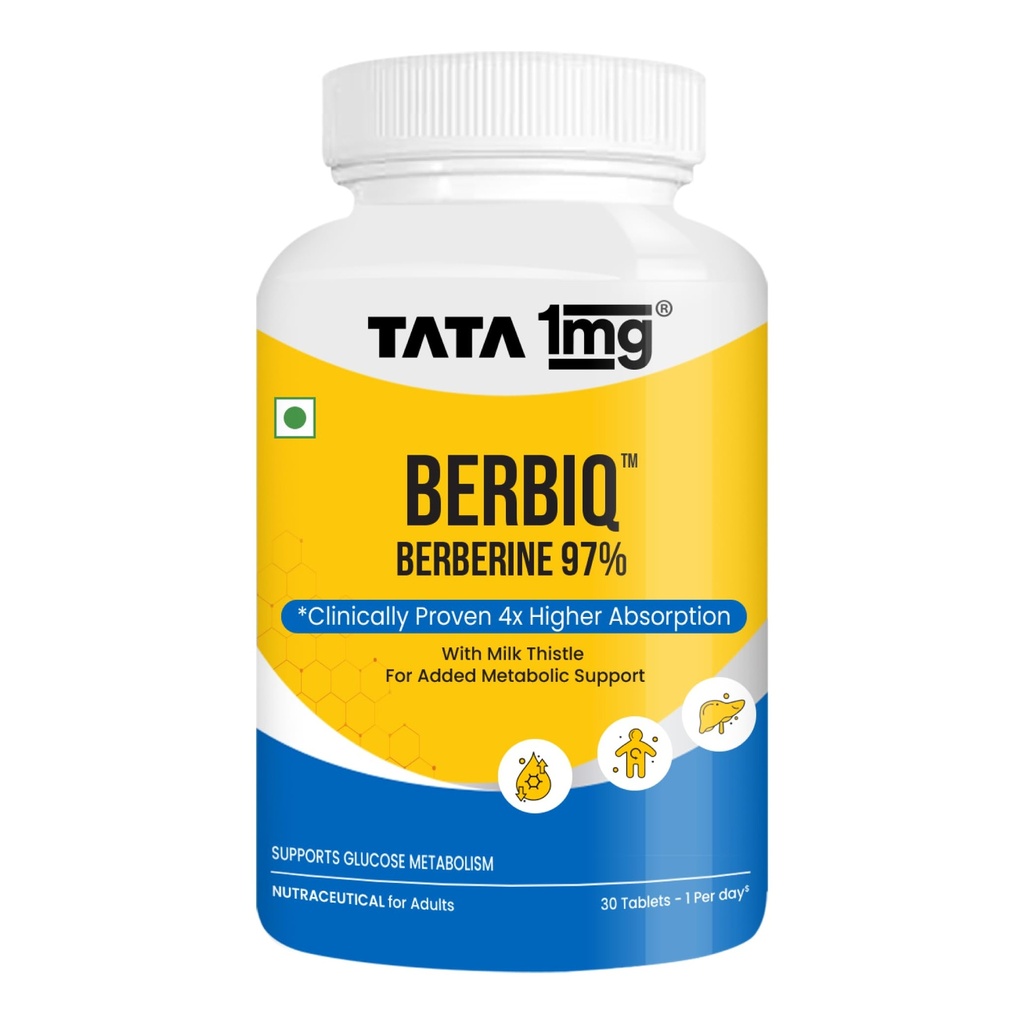 Tata 1mg Berbiq Berberine 97% Capsules | Supports Glucose Metabolism | Clinically Proven Higher Absorption | With Milk Thistle | 30 Capsules