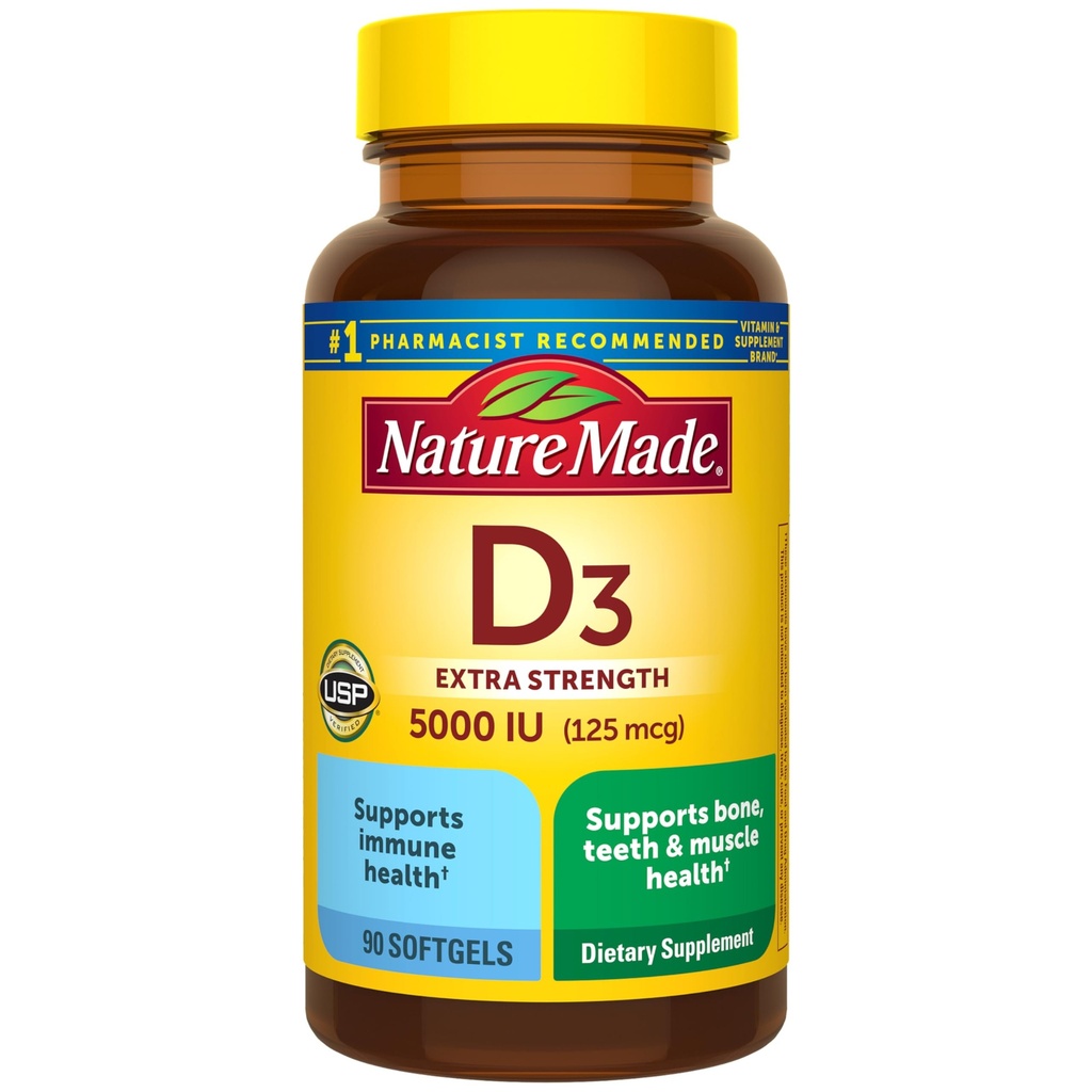 Loodus Made Vitamiin D3 5000 RÜ (125 mcg) Softgels, ekstra tugevus D-vitamiini täiendus luude ja immuunsüsteemi tervise toetamiseks, 90 Softgels, 90 päeva pakkumine