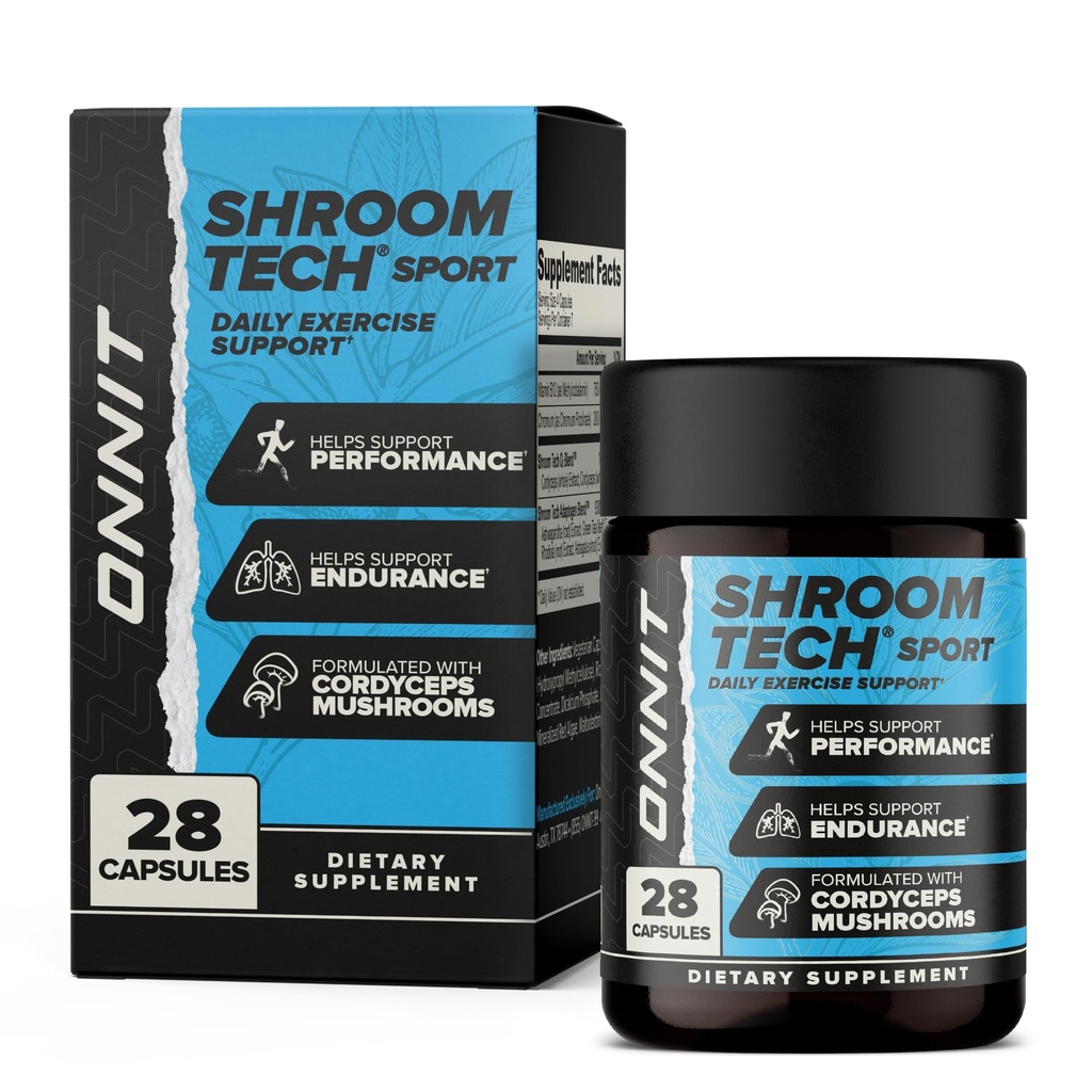 ONNIT Shroom Tech Sport Daily Exercise Support Kapslid, Pre Treening täiendus Cordyceps Seened, Kofeiinivaba dieet täiendus igapäevase energia toetus, 28 Count