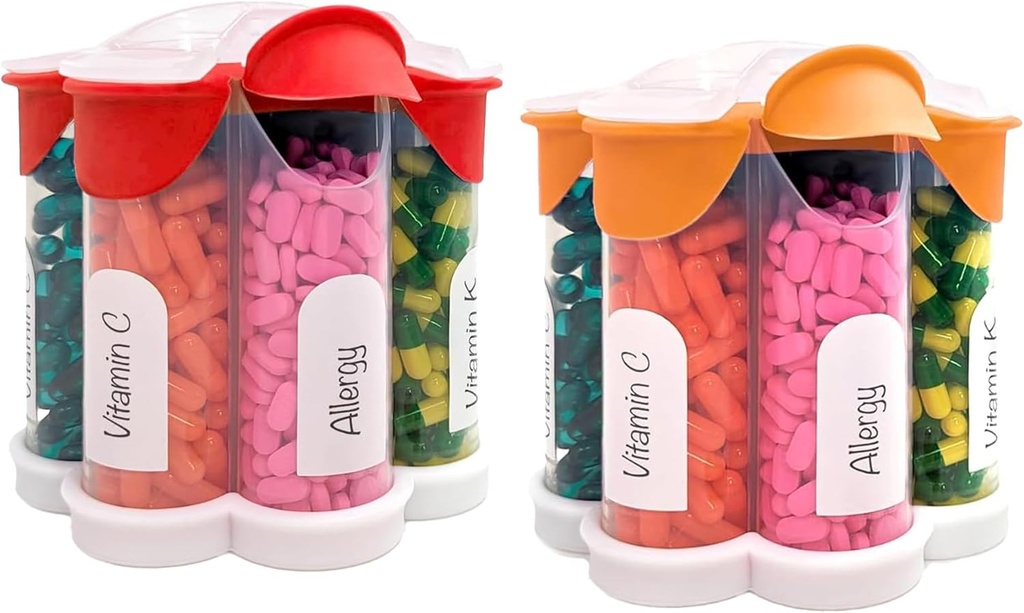 Extra Big Pill Korraldaja Igapäevane, Iganädalane, Igakuine Täiendus Pudel, Cute Blossom Pill Dispenser 7 XL Kompartments (2 Pack Combo) (Orange and Red)