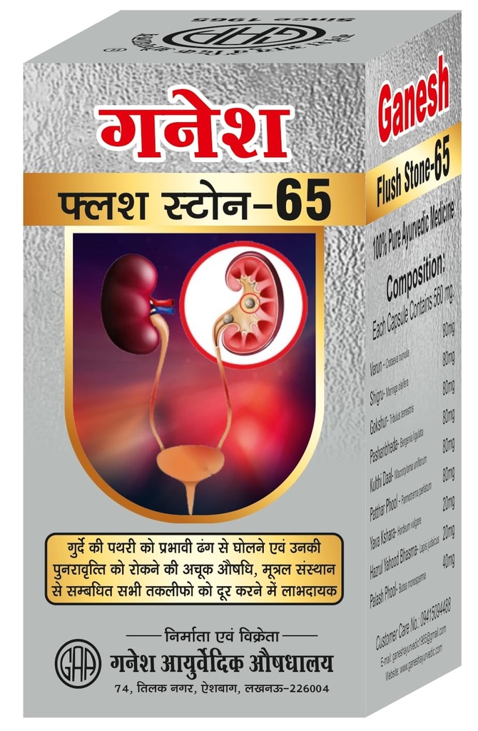 Ganesh Flush Stone 65 Ayurvedic Kidney Stone Capsules for Natural Kidney Detox, Herbal Support, Stone Removal, Inflammation Reduction & Kidney Health Protection - 60 Capsules