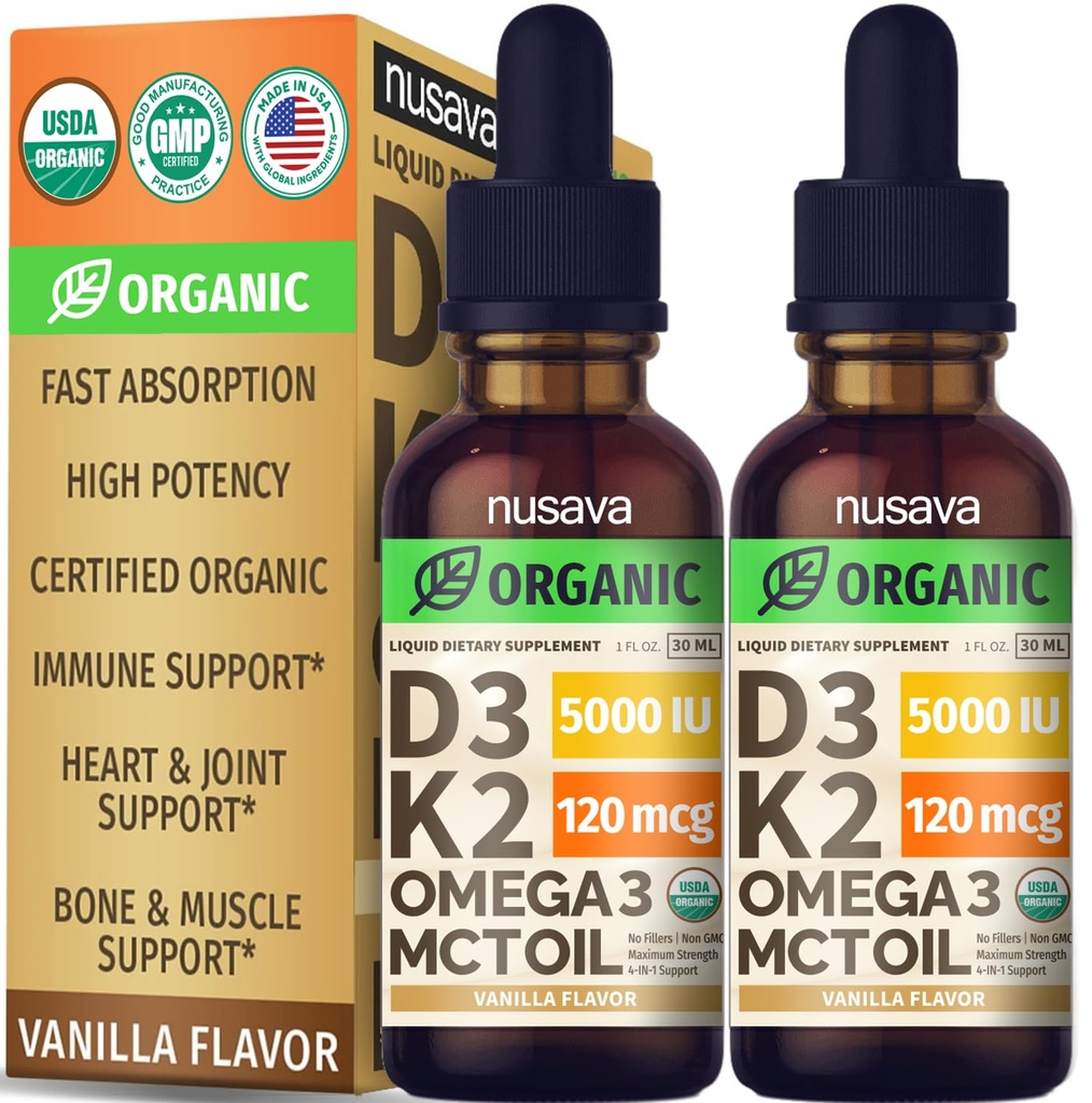 (2 Pack) Orgaaniline Vitamiin D3 K2 tilgad MCT õli Omega 3, 5000 RÜ - maksimaalne tugevus D-vitamiini vedelik, täiteaineteta, mitte-GMO vedelik D3 kiiremaks imendumiseks ja immuunsüsteemi tugi (Vanilla, 1 Fl OZ x 2)