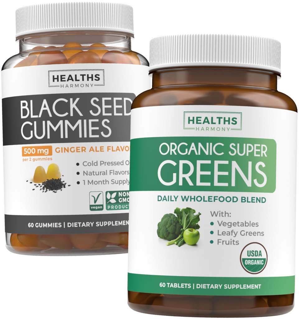 Black Seed Oil Gummies & Super Greens (1-kuu) - Daily Green Boost - Black Seed Oil Gummies Ingver Ale Maitse Külm-pressitud Nigella Sativa & Organic Super Greens Complete Super Toidulisa