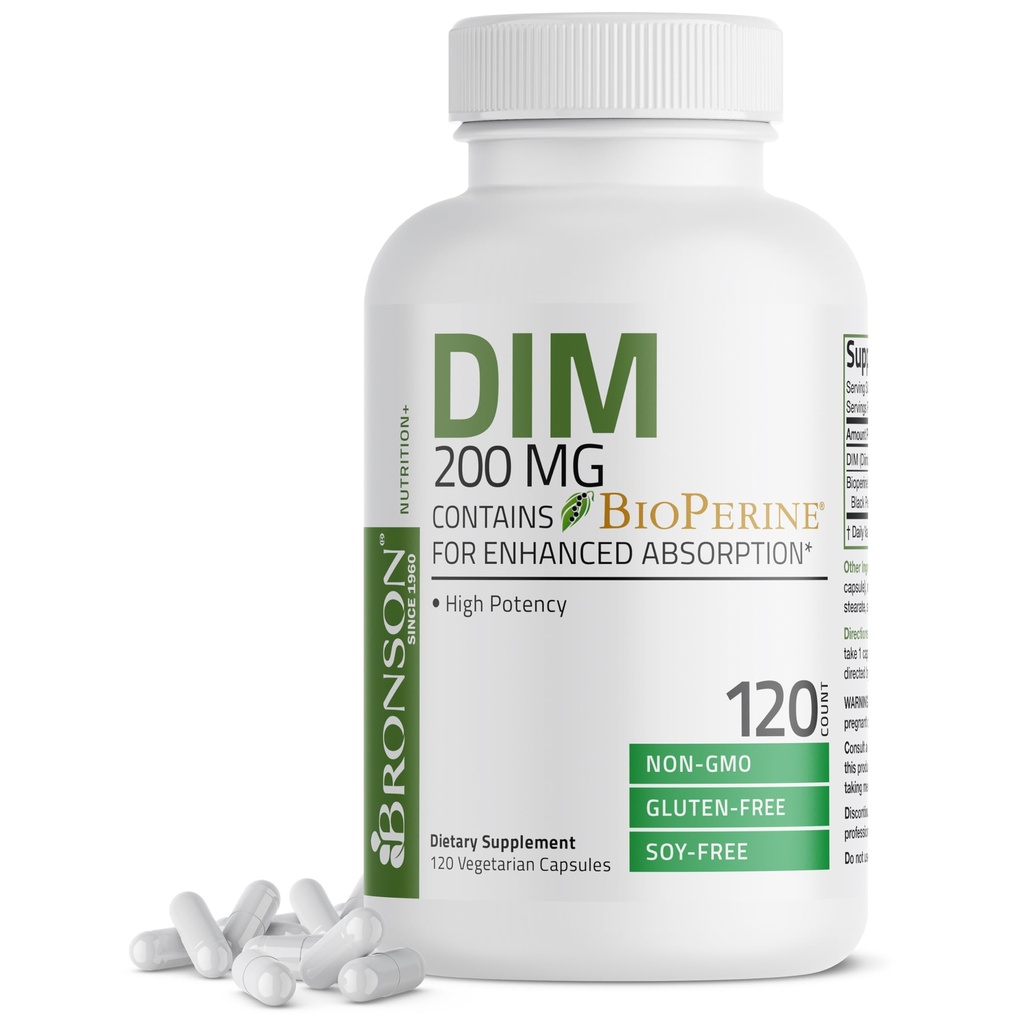 Bronson DIM täiendus 200 MG diindolimetaan bioperiiniga tõhustatud imendumise, östrogeeni metabolismi ja säilitab tasakaalustatud hormoonide taseme, 120 taimset kapslit