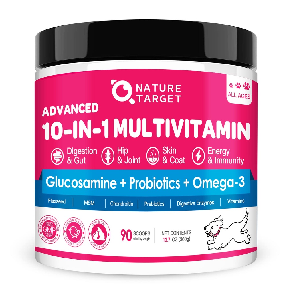 LOODUS: Vitamiinid pulber, probiootikumid ja seedeensüümid soolestiku tervise, glükosamiini ja kondroitiin & Omega 3 jaoks, täielik täiendus kodusele koeratoidule, liigestele ja nahale