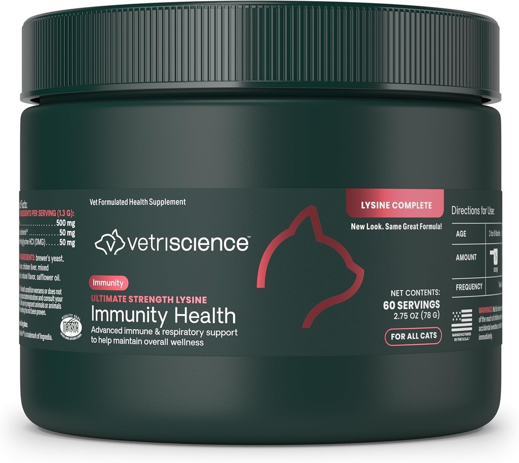 VetriScience Ultimate Strength Lüsiin Immunity Health Powder kassidele ja kassipoegadele, täiendus allergiale ja ninatoele, aevastamine, runny nina ja vesised silmad, kana ja juustumaitse, 60 Count - New Look