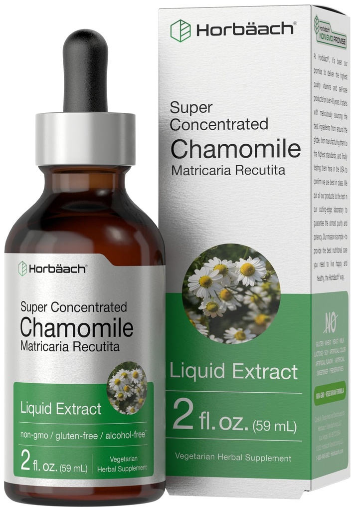 Horbäach Chamomile Extract Vedelik | 2 fl oz Tinktuur | Alkoholivaba | Super kontsentreeritud maitsetaimelisand | Taimetoitlased tilgad | Mitte-GMO, Gluteenivaba