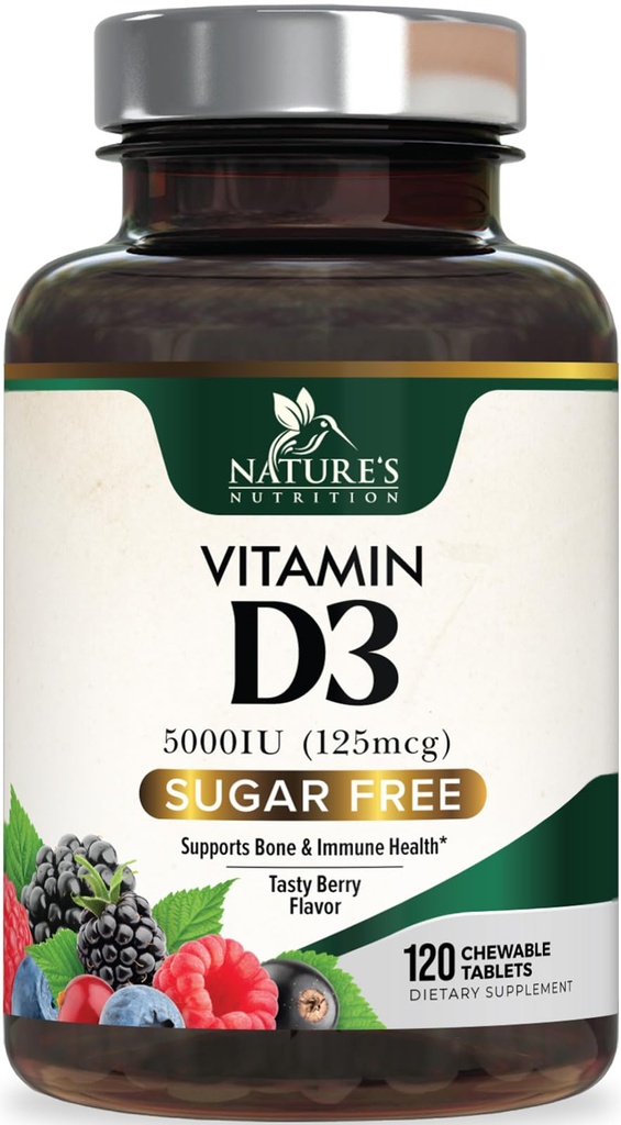 Vitamiin D3 5000 IU (125 mcg) Looduse ekstra tugevus D-vitamiini lisand närimiseks immuunsuse toetamiseks Tervis - Luud, hambad ja lihaslisandid - suhkruvaba, mitte-GMO, gluteenivaba - 120 loenda tabletti