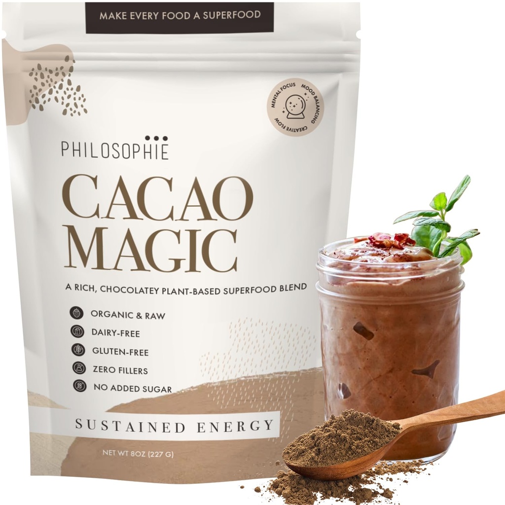 Philosophie Organic Cacao Magic Superfood Blend – Taimepõhine valgupulber toore kakaoga, Reishi Seene ja Maca Juur – Magustamata Vegan Chocolate Supplement, 32 Servings