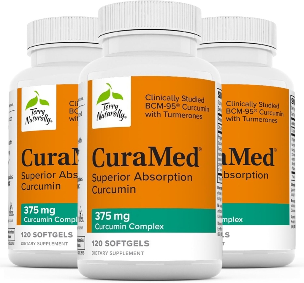 Terry Naturally CuraMed 375mg - Antioksüdandi lisand aju ja immuunsüsteemi tervise toetamiseks - toidulisand kurkumiini ja kurkumi eeterliku õliga - taimse maksa toetus - 120 softgels (3. pakk)