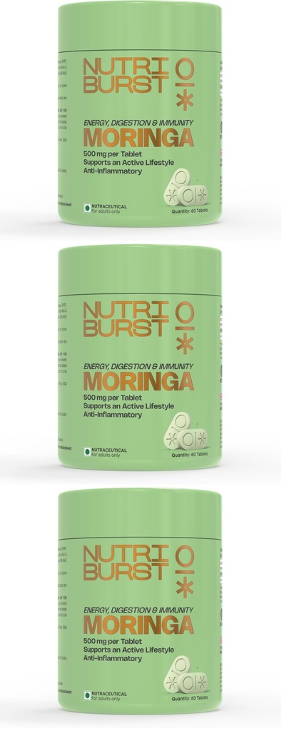 Nutriburst Moringa 500mg | Pure & Natural Moringa Tablets for Men & Women | Supports Immunity, Digestion, Energy & Active Lifestyle | Plant-Based Superfood | 180 Veg Tablets