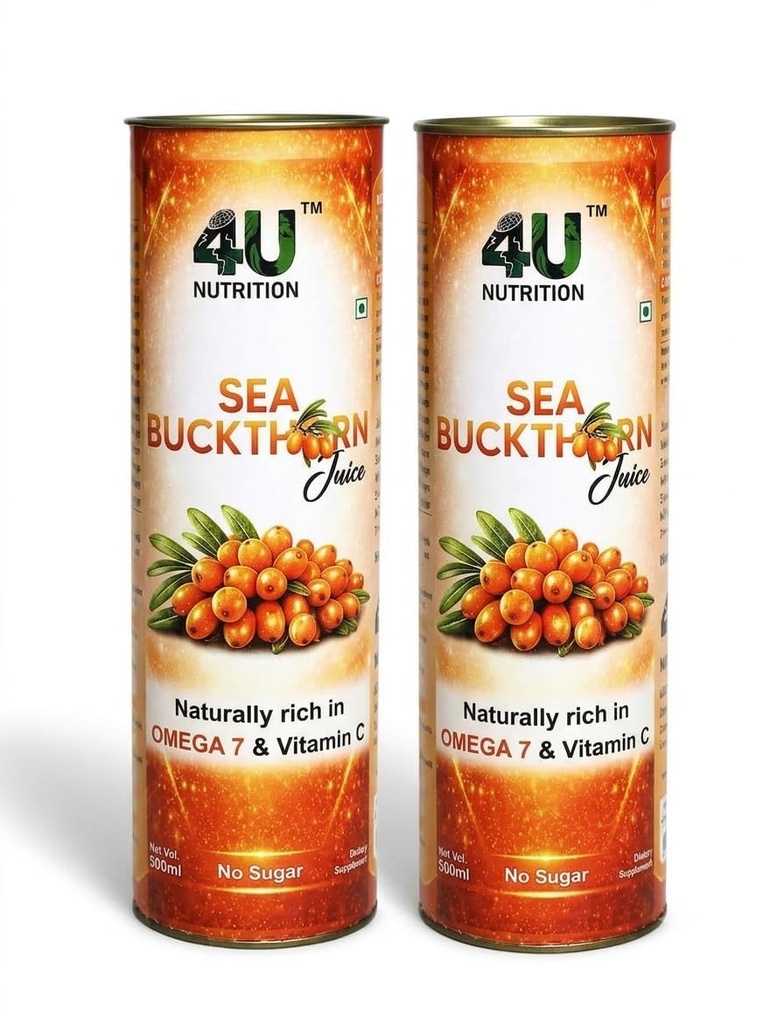 4U Nutrition Sea Buckthorn Juice 500ml (Pack of 2) | Natural Antioxidant Beverage with Vitamin C, Omega 3, 6, 7, 9 | Sea Buckthorn Pulp Concentrate for Daily Wellness & Total Body Care | For Men & Women
