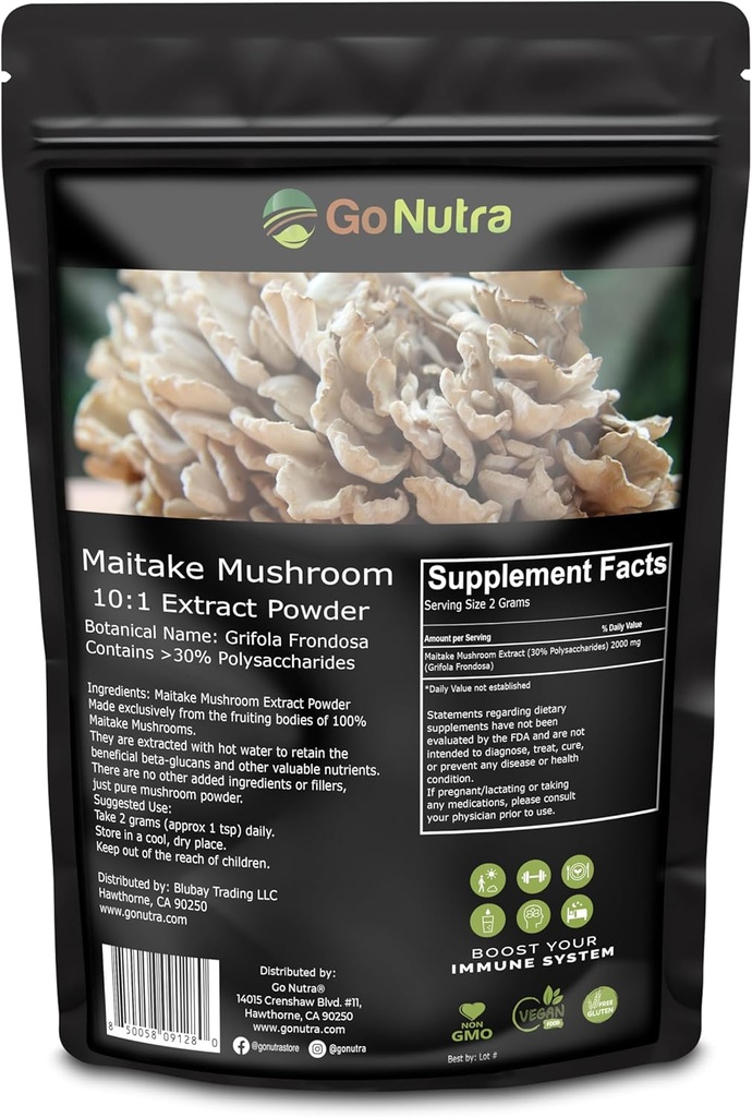 Go Nutra Maitake Seeneekstrakt Pulber 8 oz | 10: 1 Väljavõte Tugevus | Seenelisa 30% Polüsahhariidid | Maitake Pulber Kuningas Seened | 8 Ounce