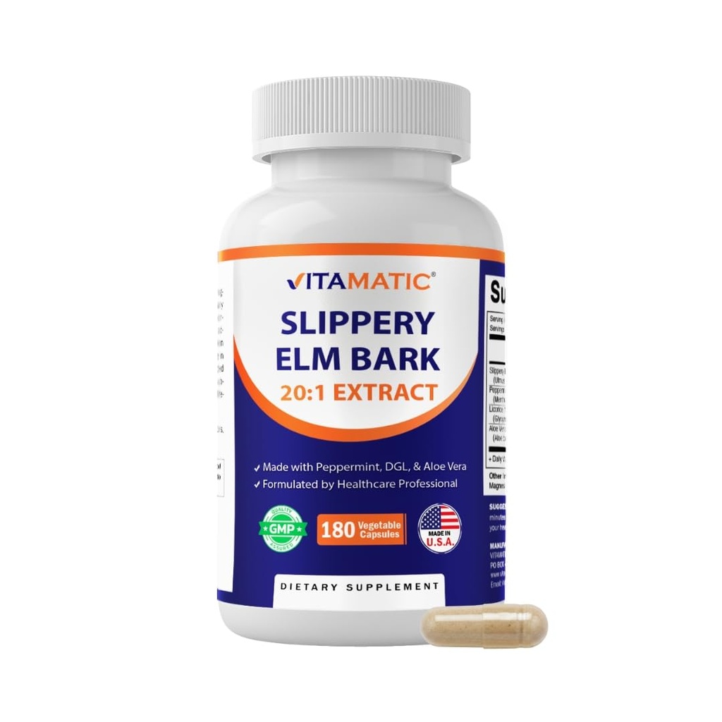 Vitamatic Slippery Elm Bark 10000 mg ekvivalent per Serving (alates 20: 1 Extract 500 mg), valmistatud piparmündiga, DGL, & Aloe Vera - 180 Veg kapslit ja kontsentreeritud 20X potentsi