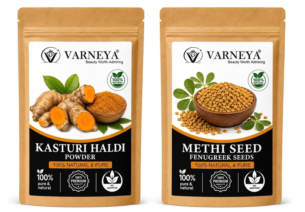 Naturals Organic Kasturi Haldi (Wild Turmeric) Powder 100g + Methi Seed Powder 100g Combo | 100% Pure Natural Ayurvedic Herbal Powders | Chemical-Free | For Face Pack, Hair Care & Skin Care | No Preservatives