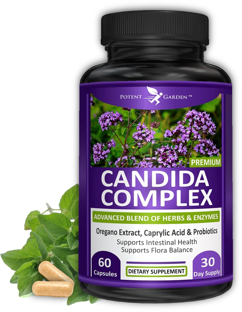 Potent Garden Candida kompleks - Oregano ja kaprüülhappe segu, soolestiku Flora tasakaalu kompleks, soolestiku tervise ja immuunsuse toetamine maitsetaimede ja probiootikumidega, soolestiku tervise täiendused naistele ja meestele 60 loend