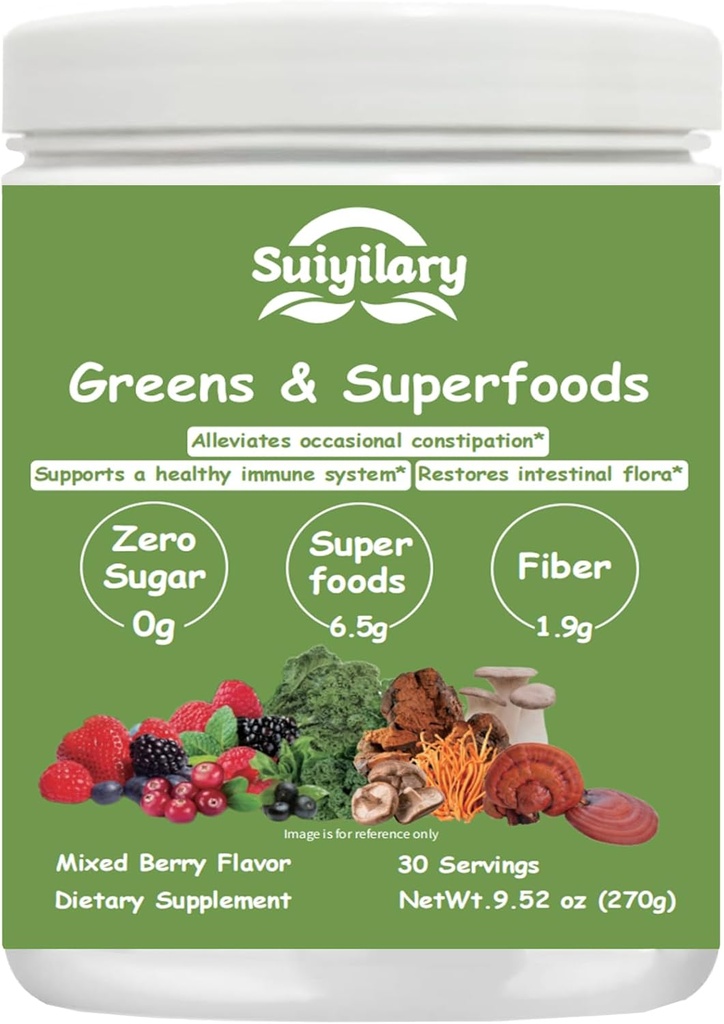 Rohelised Superfoods Pulber seedetrakti tervise jaoks, suhkruvabad superrohelised Pulber, Spirulina, klorella puhimiseks ja soolestiku toetamiseks, igapäevane tugi naistele, 30 serveerimist, segatud marja