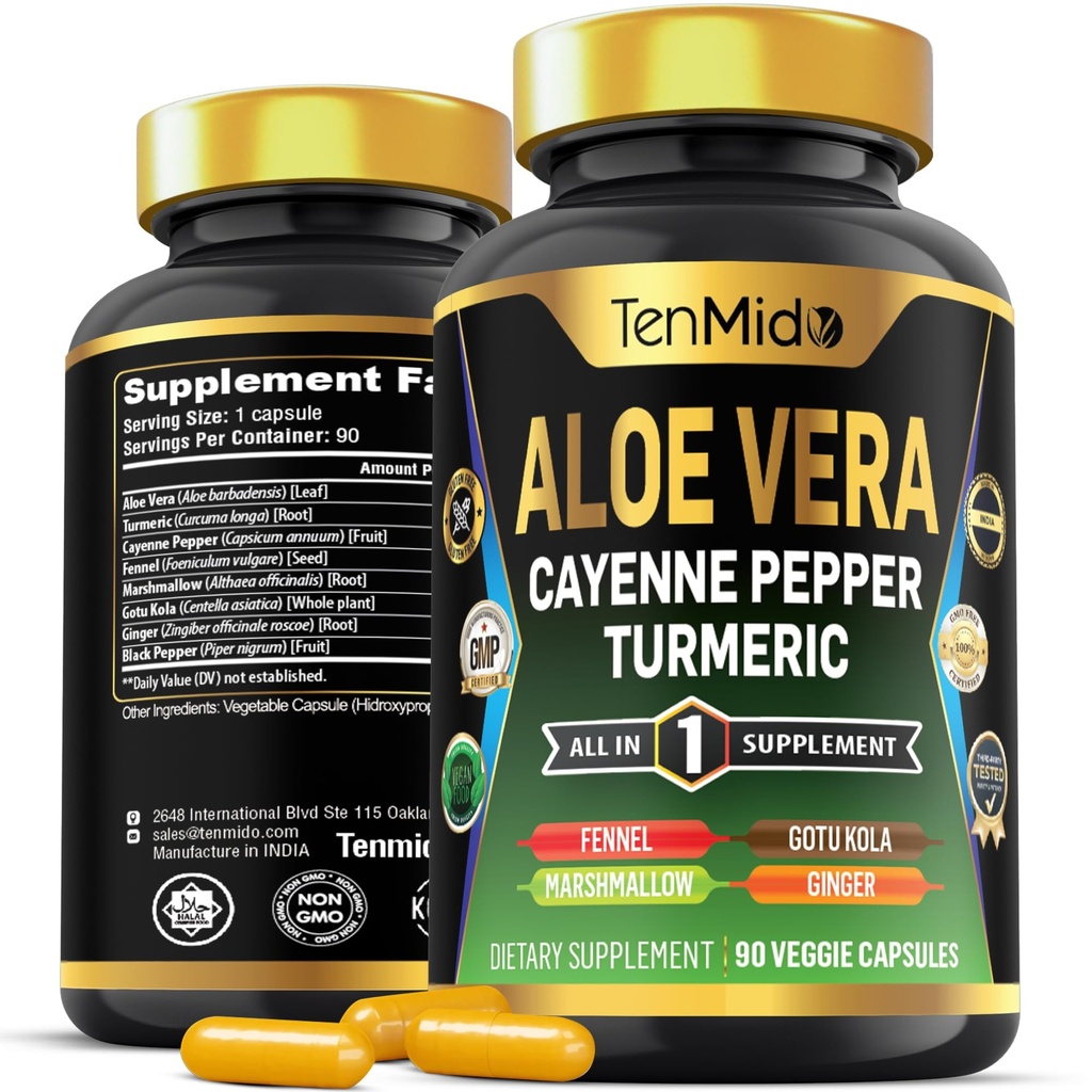 Aloe Vera kapslite täiendus - 8in1 valem - kombineerige kurkumi, Cayenne Pepperi, vahukommi, apteegitilli, Gotu Kola, ingveri ja musta pipariga - 90 kapslit 3 kuu pakkumiseks