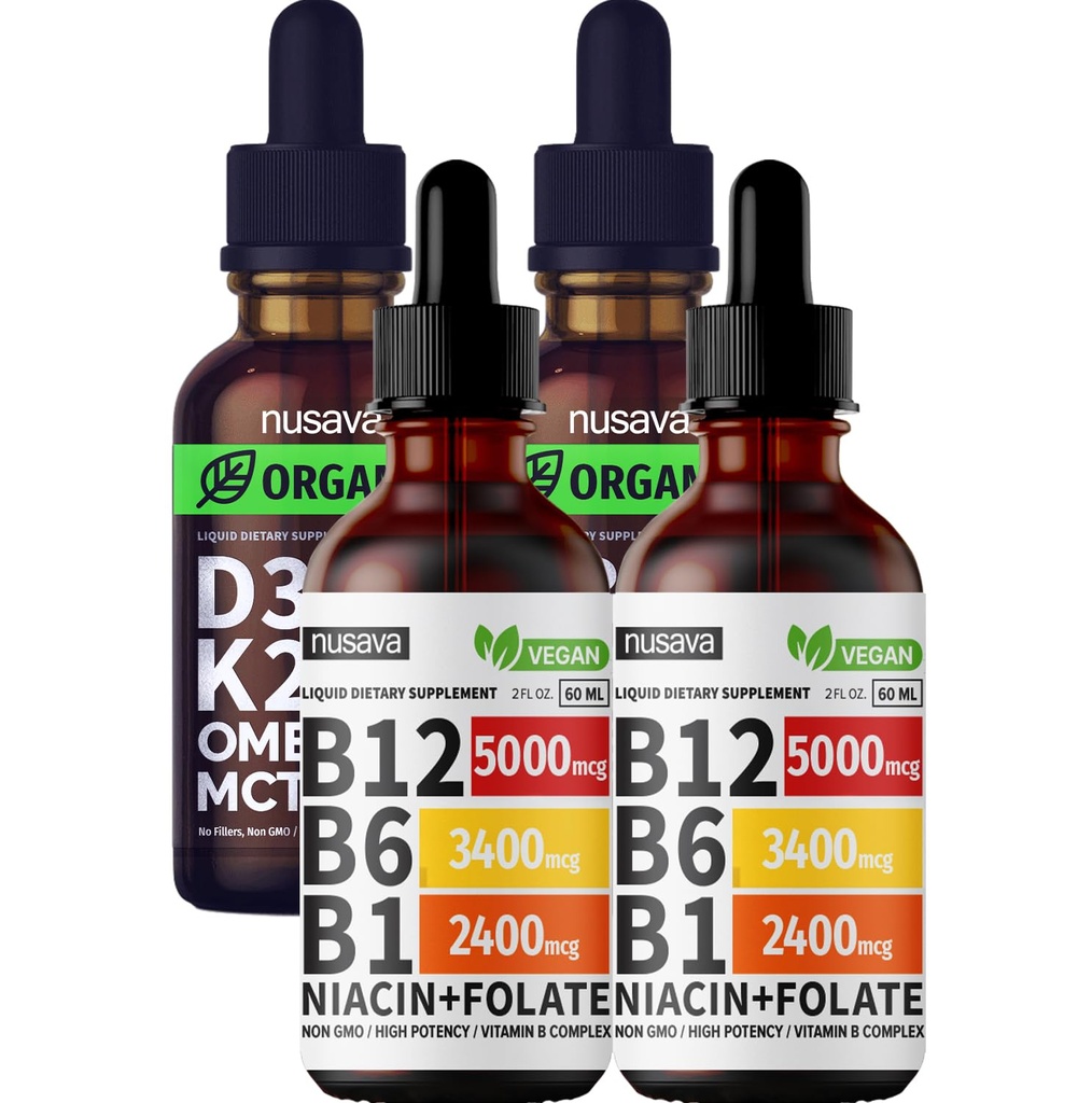 NUSAVA Vitamiin B12 Vedelad tilgad ja maitsestamata D3 K2 Bundle - Tugevad vedelad vitamiinid südame, liigese, energia ja immuunsuse toetamiseks - Mitte-GMO, Gluteenivaba, 2pk iga