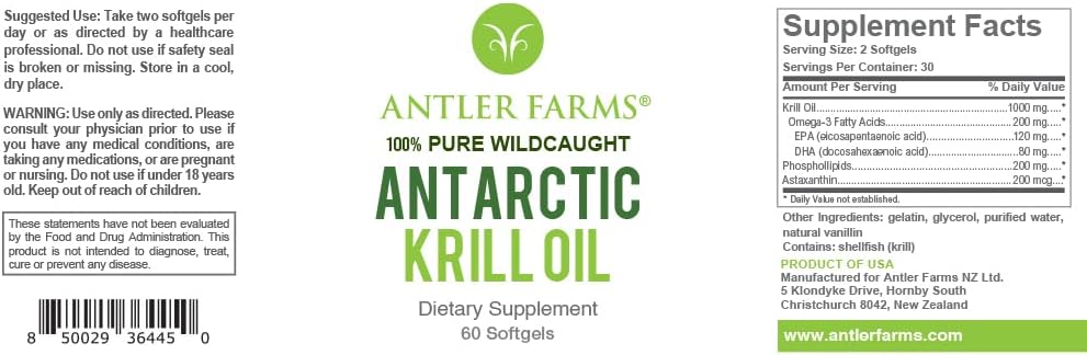 Antler Farms - 100% puhas looduslikult püütud Antarktika krilliõli külmast, primaarsest veest, 60 softgelsist - puhas, oomega-3 EPA + DHA lisand w / astaksantiin, kiire imendumine