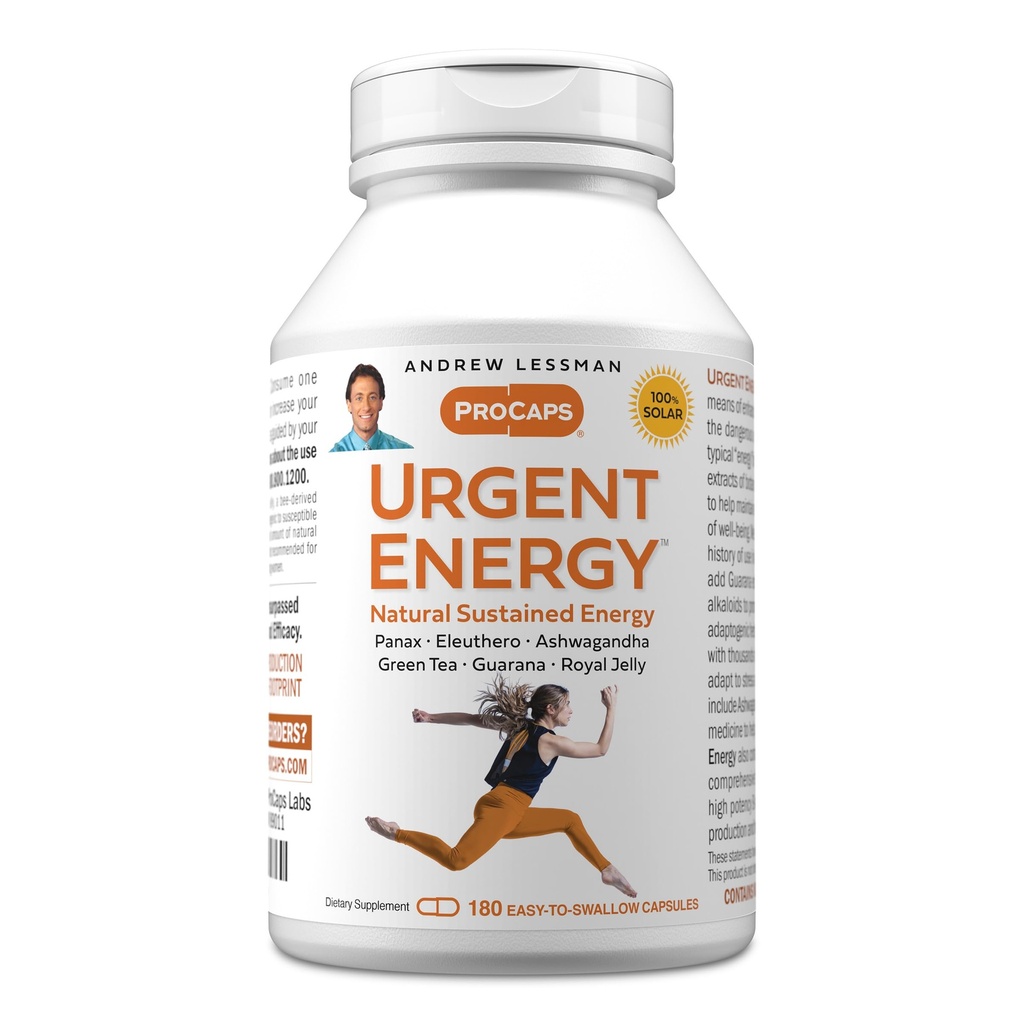 ANDREW LESSMAN Urgent Energy 180 kapslit - pakub ohutuid ja tervislikke vahendeid heaolu, rohelise tee, Guarana, ženšenni, kuningliku tarretise, Ashwagandha, B-kompleksi energiataseme ja tunnete parandamiseks