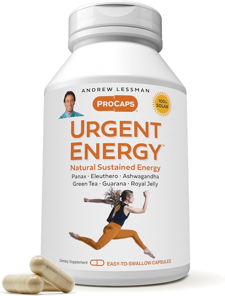 ANDREW LESSMAN Urgent Energy 180 kapslit - pakub ohutuid ja tervislikke vahendeid heaolu, rohelise tee, Guarana, ženšenni, kuningliku tarretise, Ashwagandha, B-kompleksi energiataseme ja tunnete parandamiseks