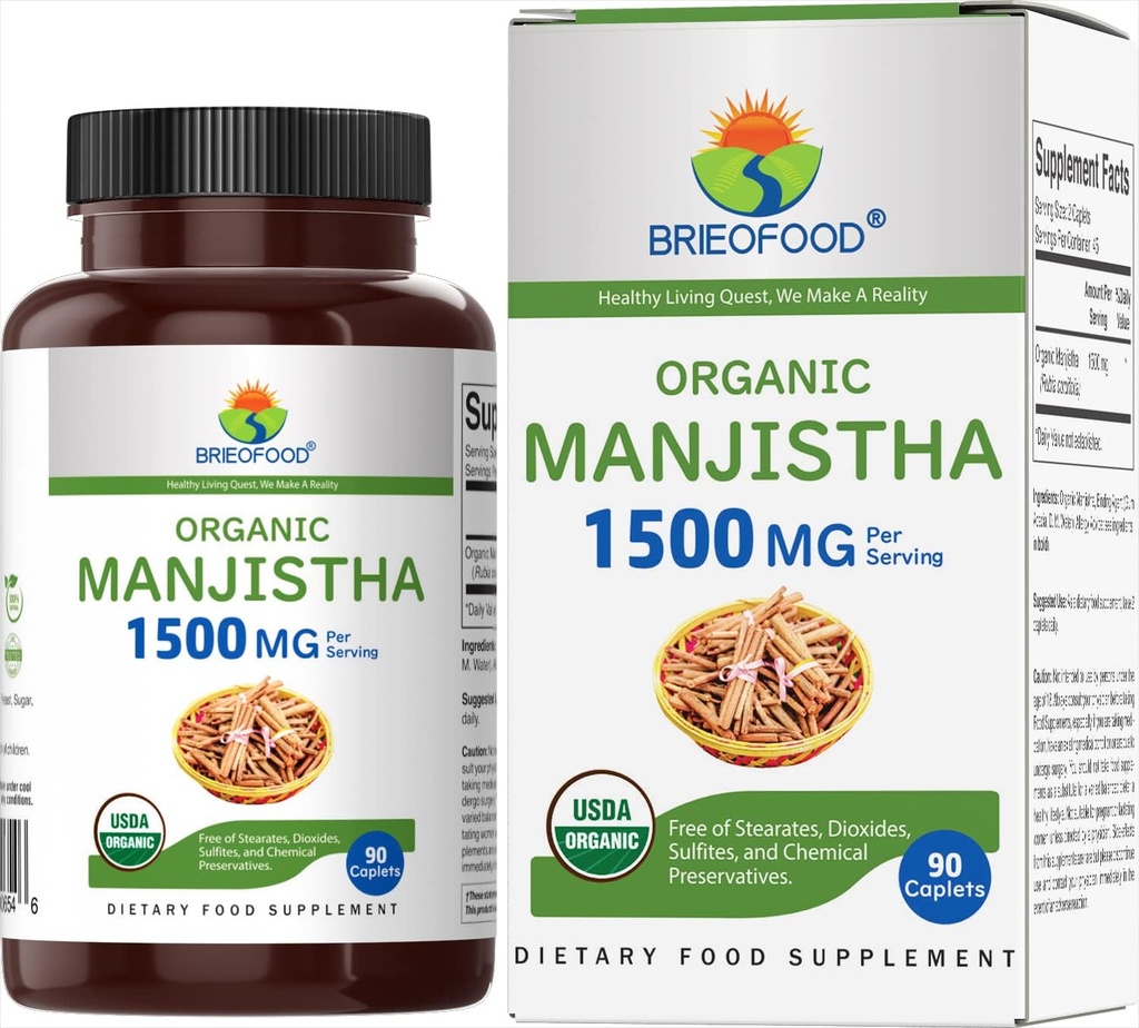 Brieofood Organic Manjistha 1500mg, 45 Servings, Taimetoitlane, Gluteenivaba, 90 Taimetoitlane tablett